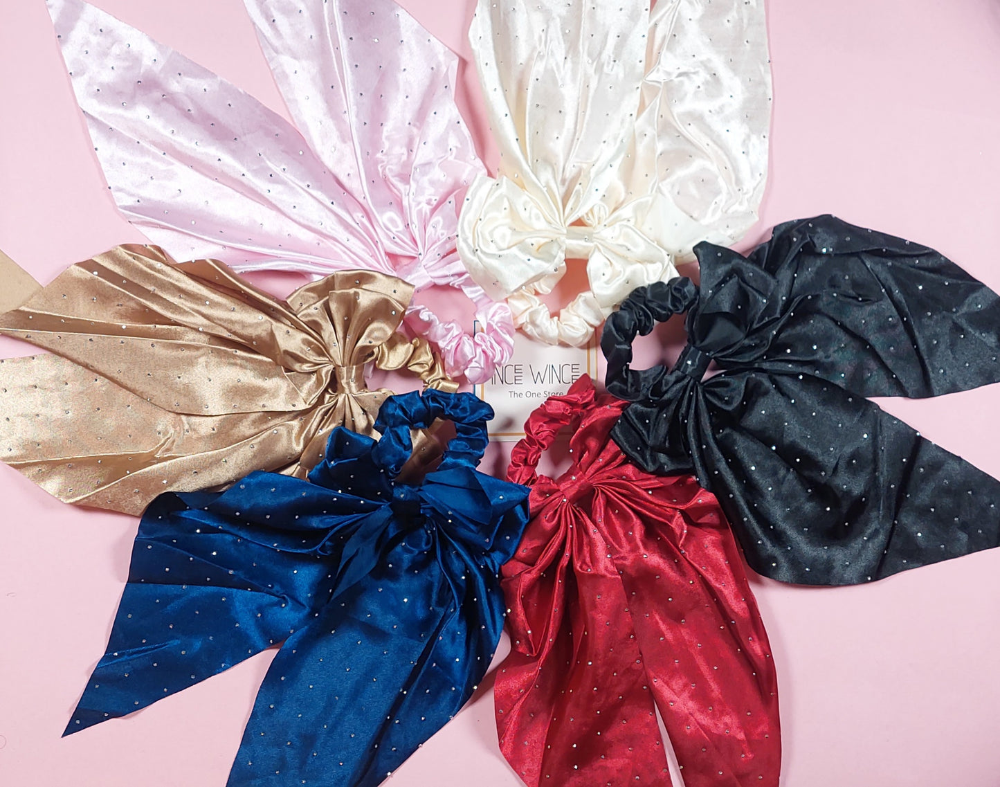 Rhinestone Long Tail Bow Scrunchies Set of 6