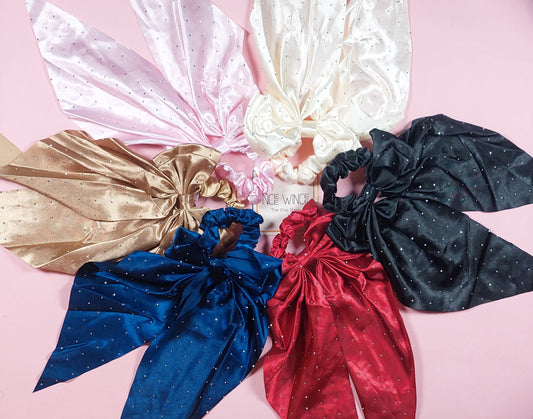 Rhinestone Long Tail Bow Scrunchies Set of 6